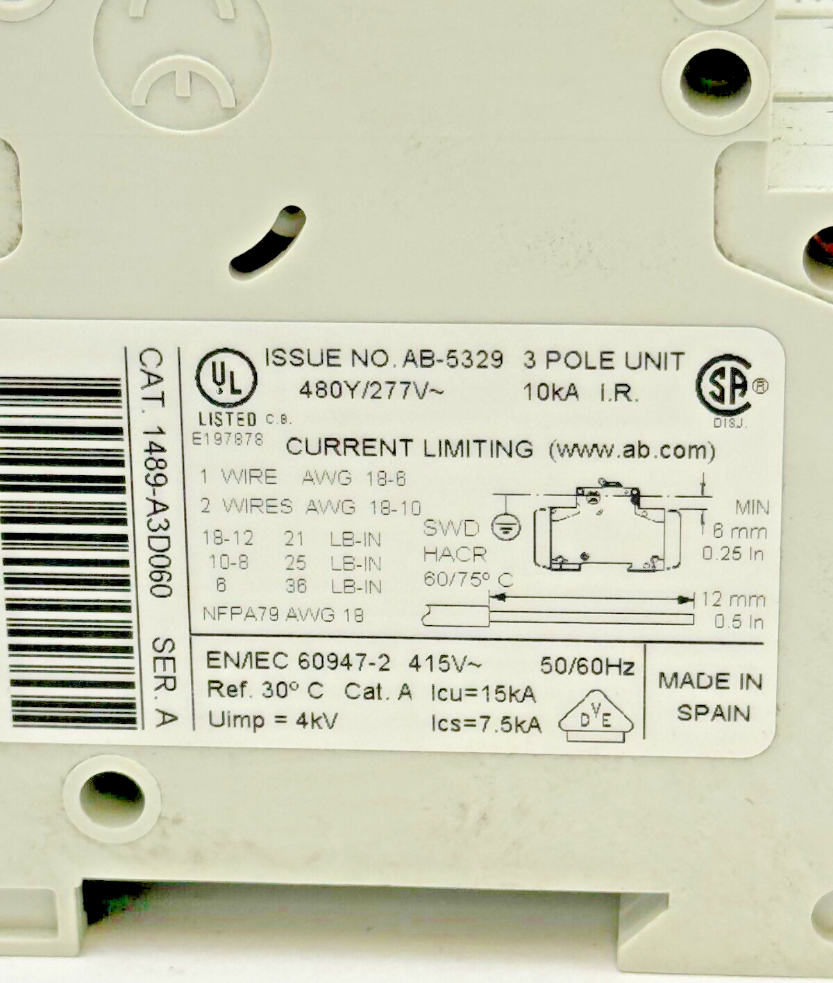 ALLEN-BRADLEY - 1489-A3D060 SER. A - CIRCUIT BREAKER - 3 P, 6 A, 277 V