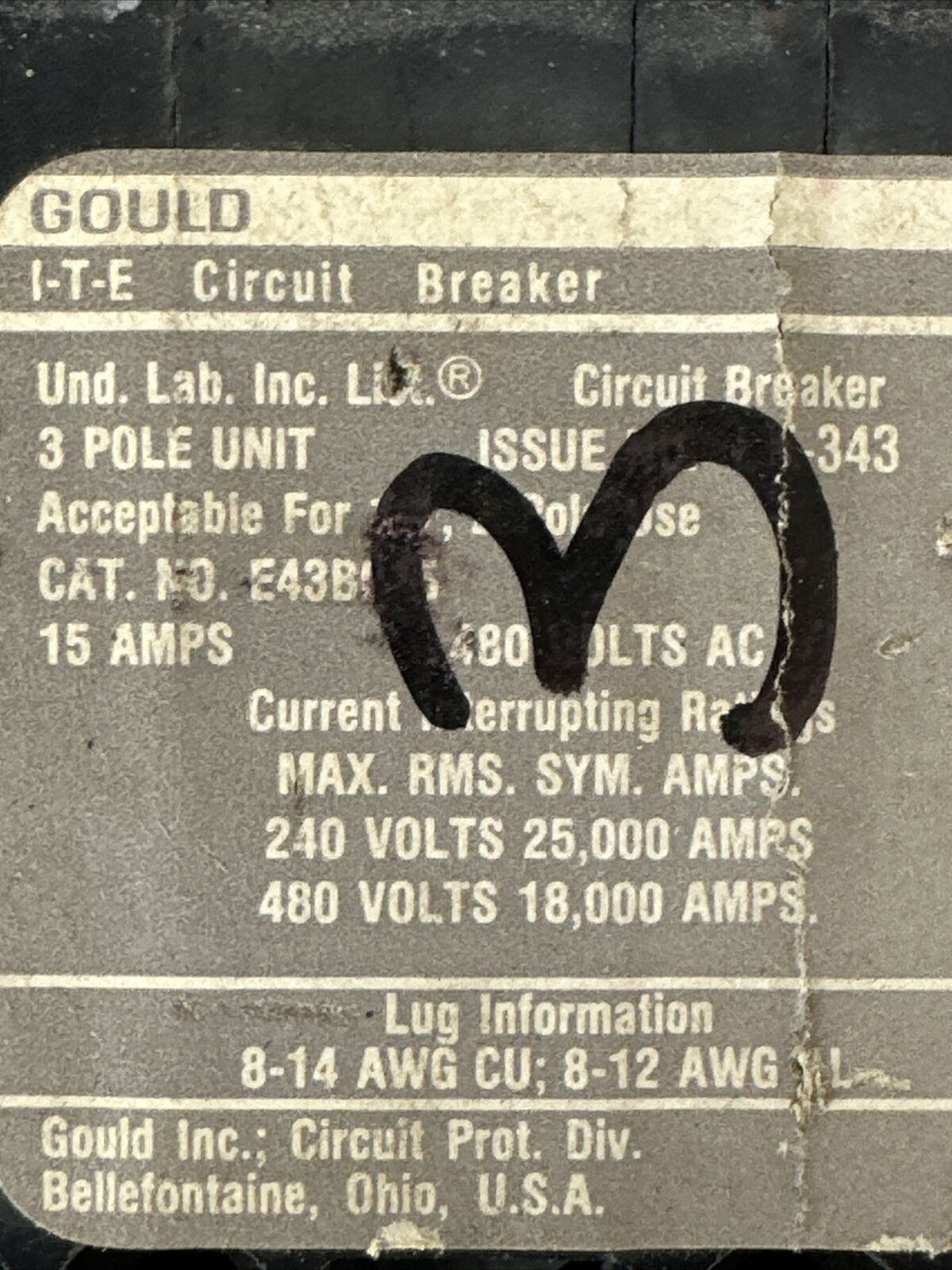 GOULD ITE E43B015 CIRCUIT BREAKER 15AMP 480VAC 3POLE