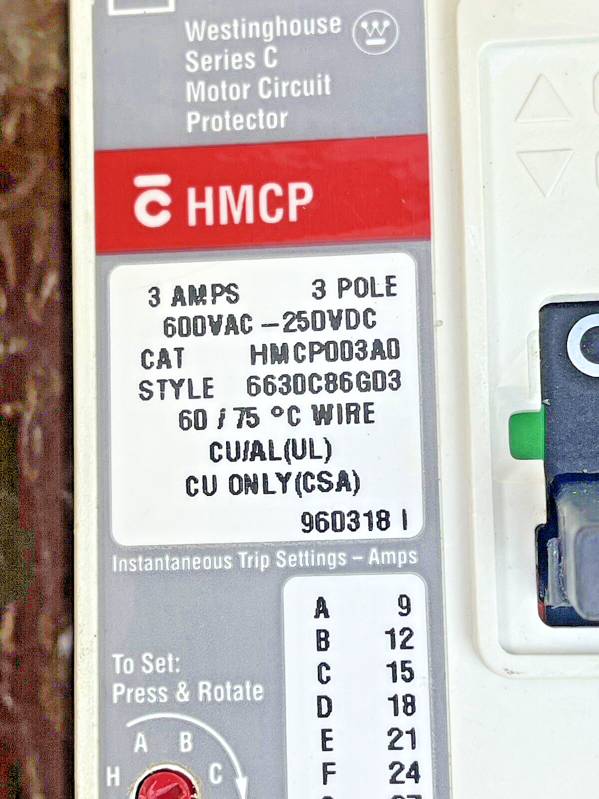 CUTLER-HAMMER - HMCP003AO - MOTOR CIRCUIT PROTECTOR - 3A/3 POLE/600 VAC