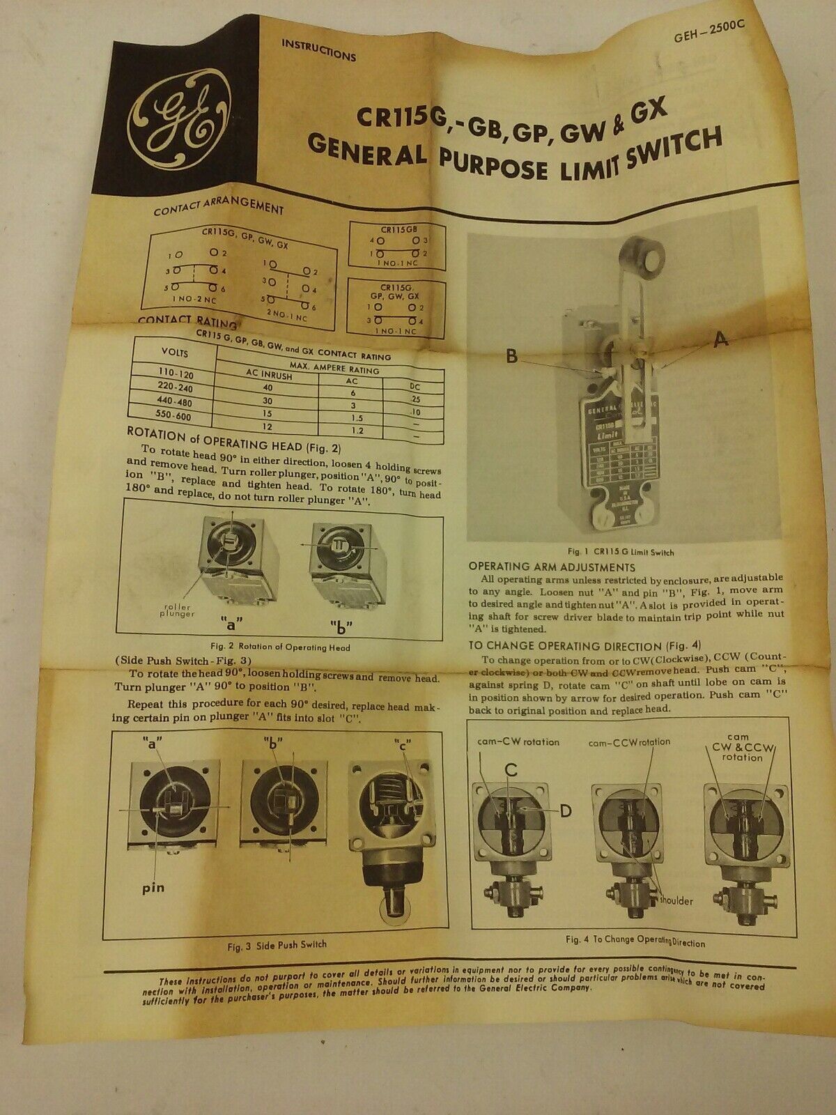 GE, CR115G11138, LIMIT SWITCH, 600V MAX GENERAL ELECTRIC, CR115G, NEW