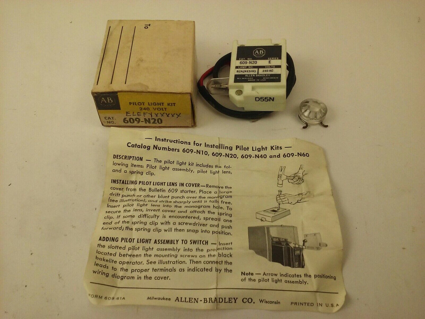 ALLEN BRADLEY 609-N20 SERIES E, PILOT LIGHT KIT, 240V, B2A(NE51H) LAMP