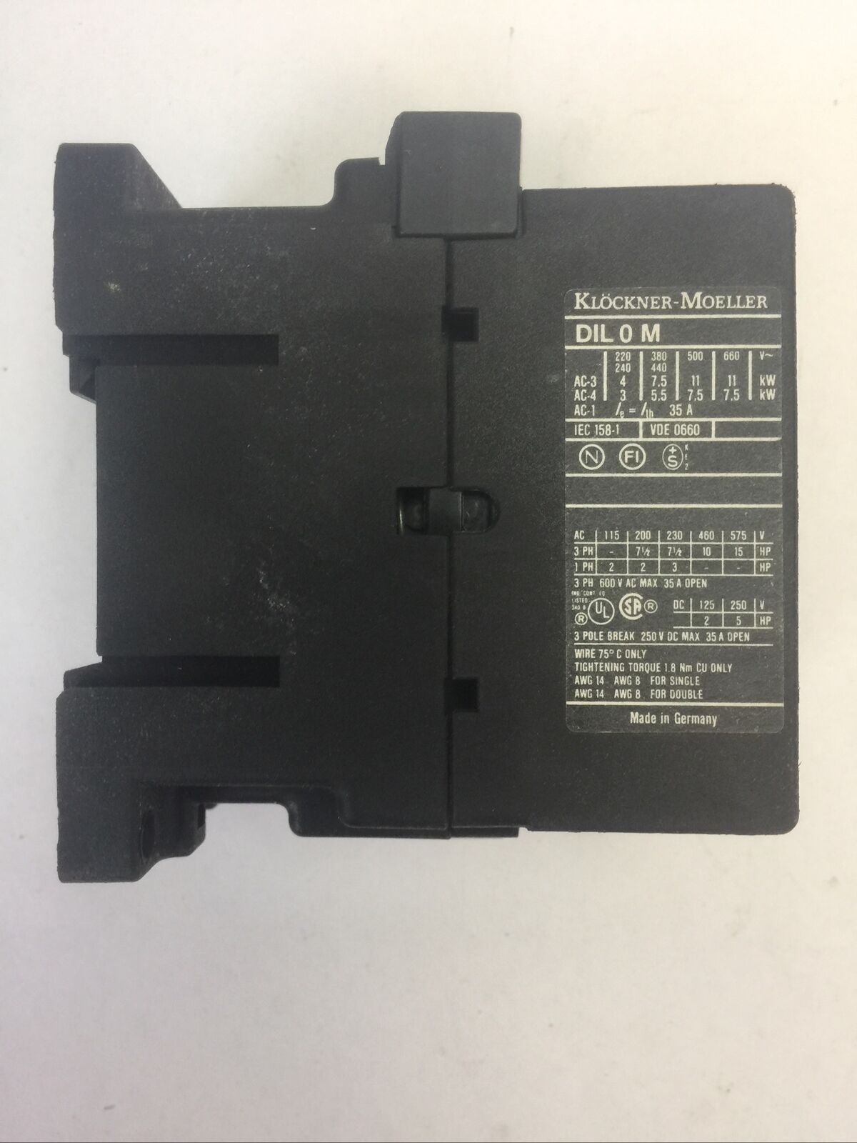 KLOCKNER MOELLER STARTER DIL 0M CONTACTOR 3POLE 250VDC 35A 15HP COIL 115V 60HZ