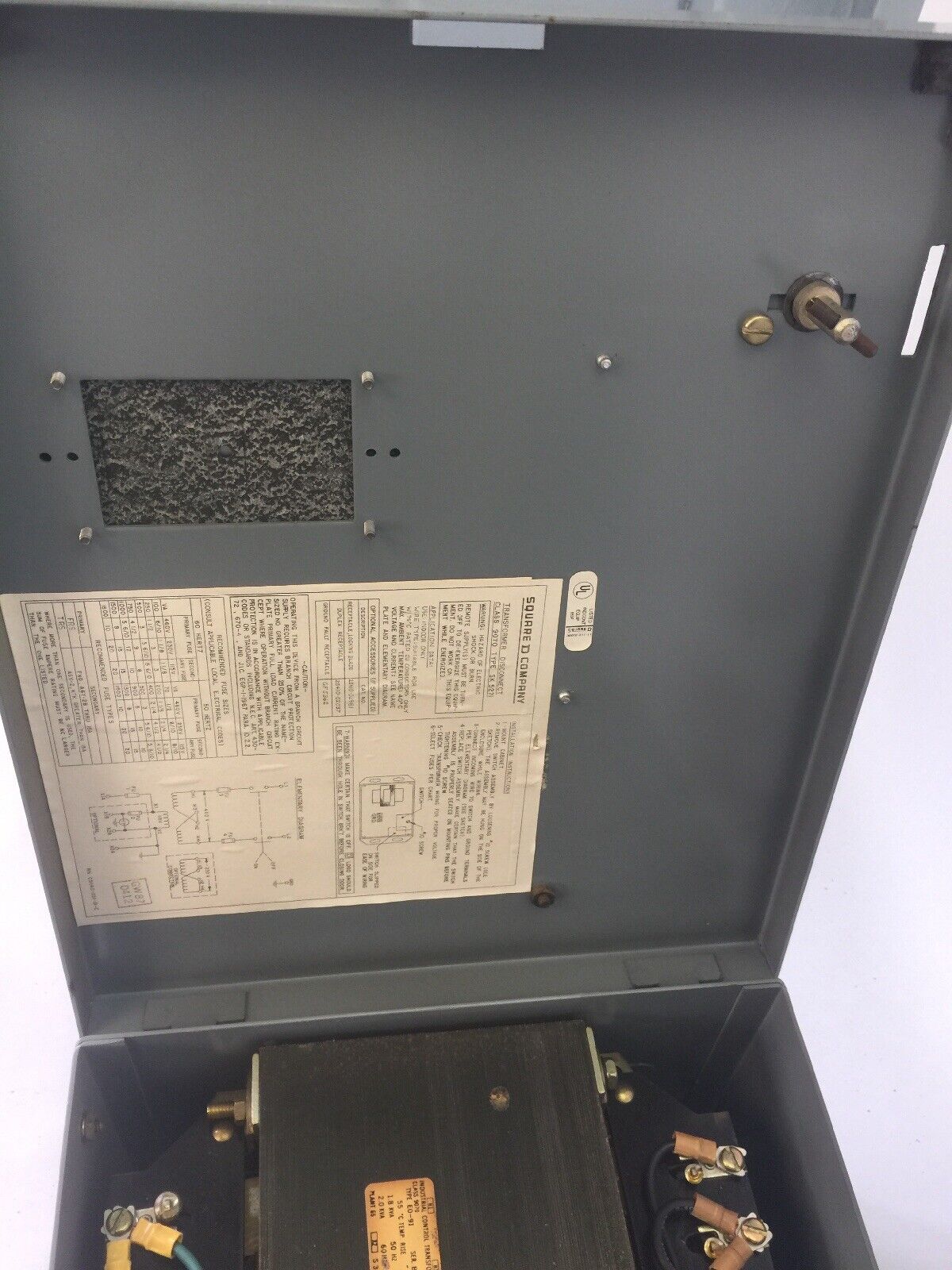 SQUARE D 9070 SK5271W TRANSFORMER DISCONNECT 600VAC EO-91 TRANSFORMER 2.0KVA