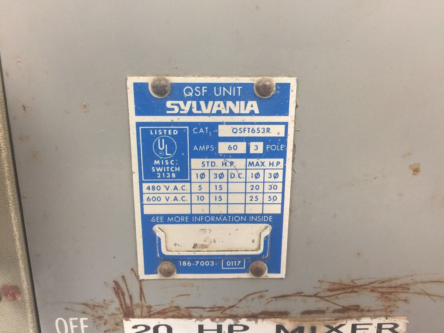 SYLVANIA QSFT653R FUSIBLE TWIN PANELBOARD SWITCH 600VAC 60A 3 POLE