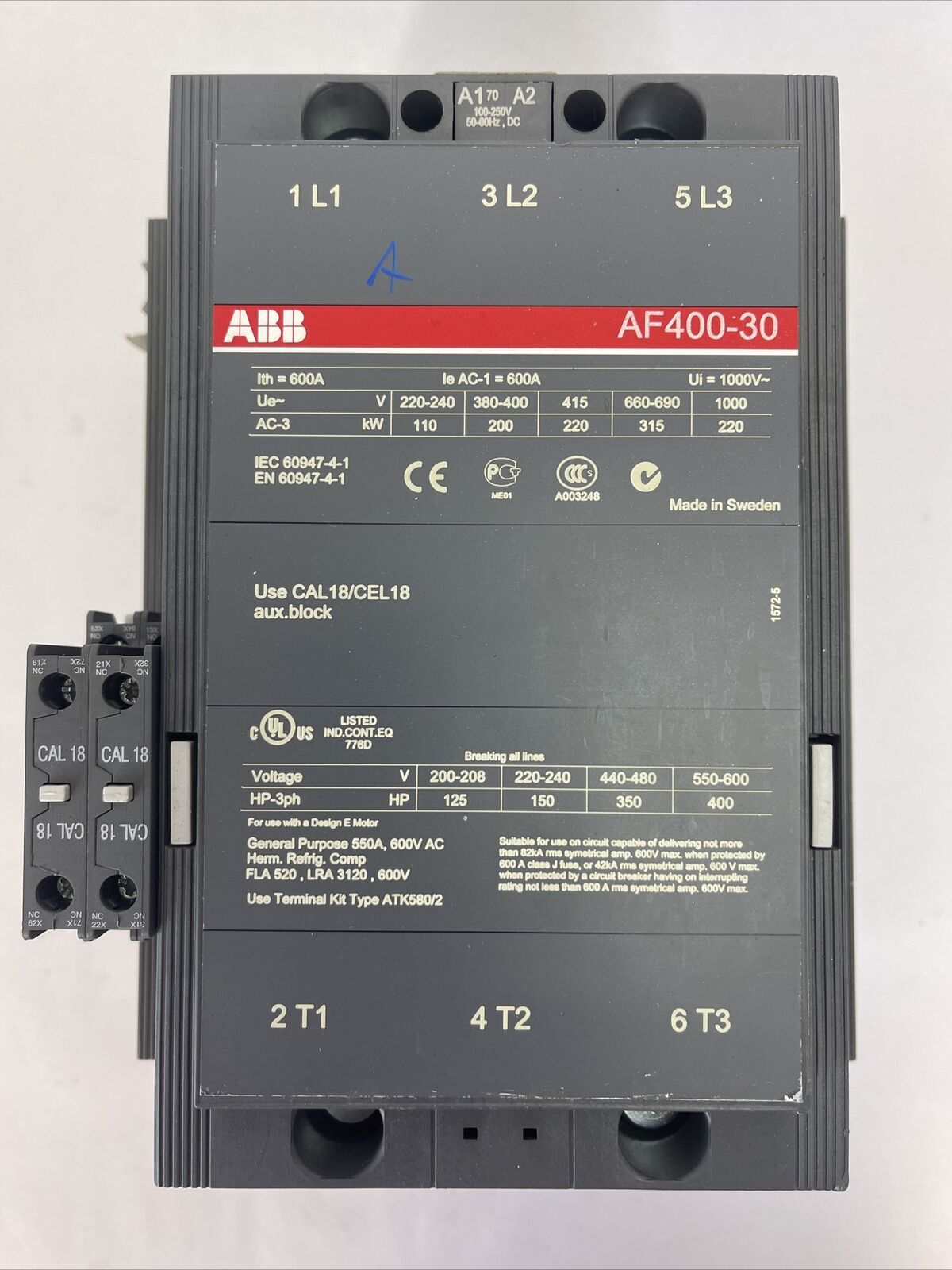 ABB AF400-30 CONTACTOR 600VAC 400HP 3POLE 3PH 550A COIL 100-250VDC 50-60hz
