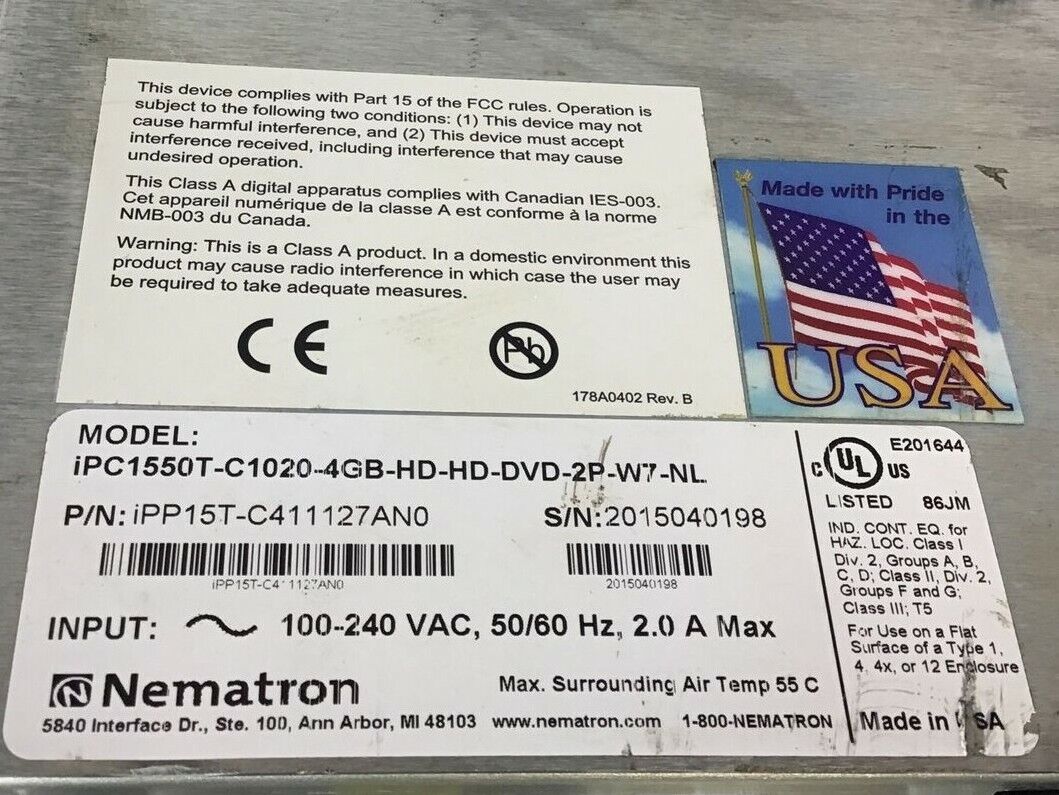 NEMATRON IPC1550T-C1020-4GB-HD-HD-DVD-2P-W7-NL INDUSTRIAL PC 100-240VAC 50/60HZ