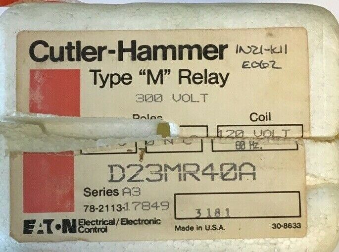 CUTLER HAMMER D23MR40A TYPE "M" RELAY SERIES A3 4N.O.-0N.C.