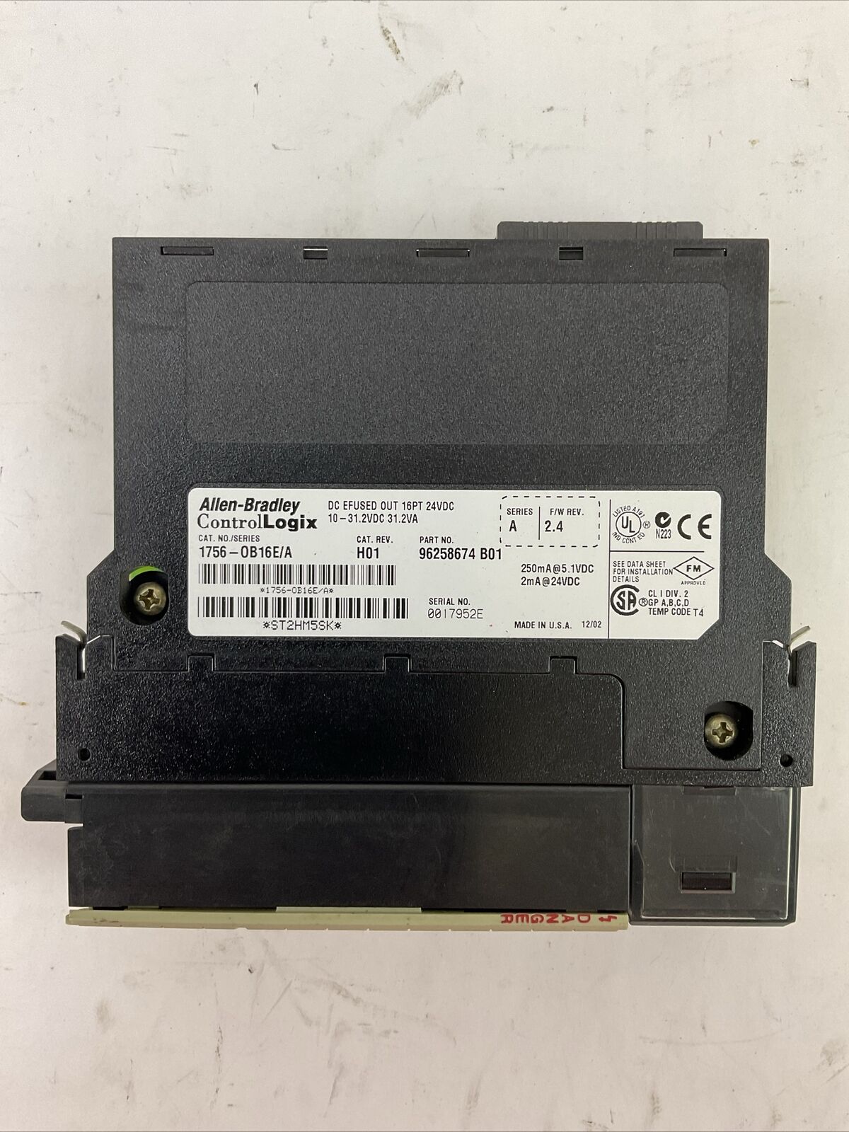ALLEN BRADLEY 1756-OB16E SER A CAT REV H01 F/W REV 2.4 DC EFUSED OUT 16PT 24VDC