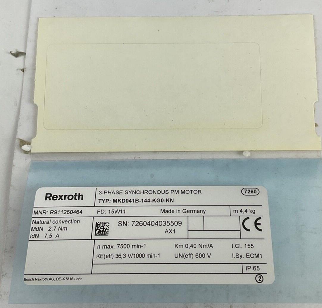 REXROTH R911260464 3-PHASE SYNCHRONOUS PM MOTOR MKD041B-144-KG0-KN 600V
