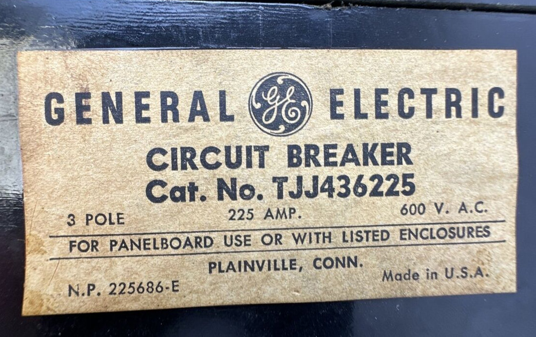 GE TJJ436225 CIRCUIT BREAKER 225AMP 3POLE 600VAC