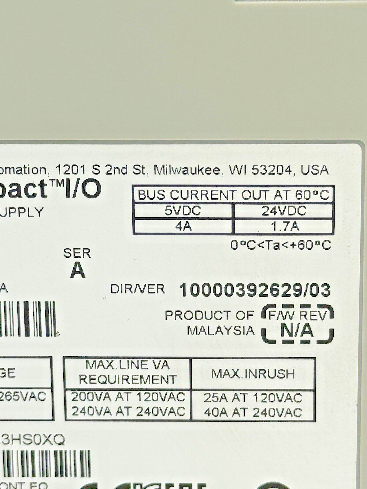 ALLEN-BRADLEY - 1769-PA4 SER. A, F/W REV. N/A, DIR/VER 10000392629/03 - PWR SPLY