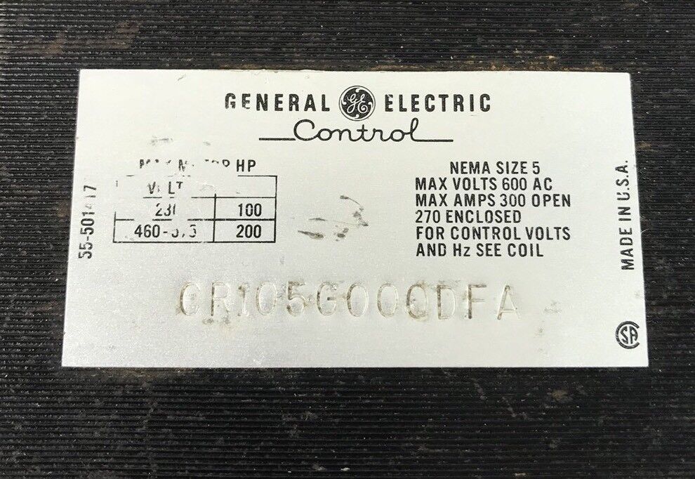 GE CR105G000DFA CONTROL NEMA SIZE 5 MAX VOLTS 600 AC MAX AMPS 300 * USED *