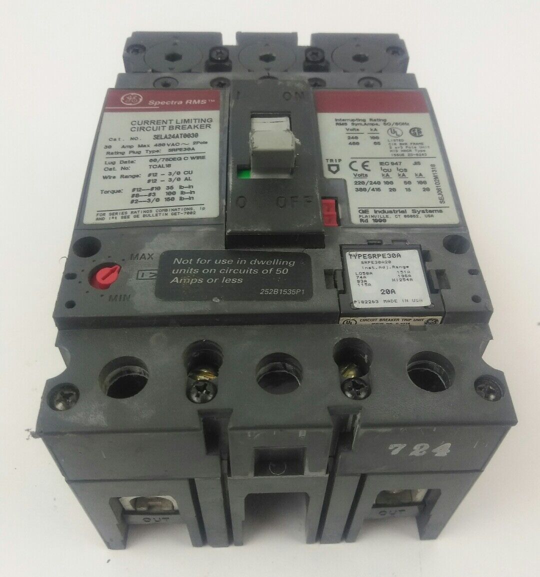 GE SELA24AT0030 2P, 30A, 480V,CIRCUIT BREAKER W/ 20A PLUG, USED GOOD CONDITION