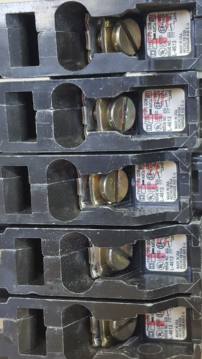 Square D 20A, 120/240V, 10kA, QOB type, single pole circuit breaker LOT OF 5