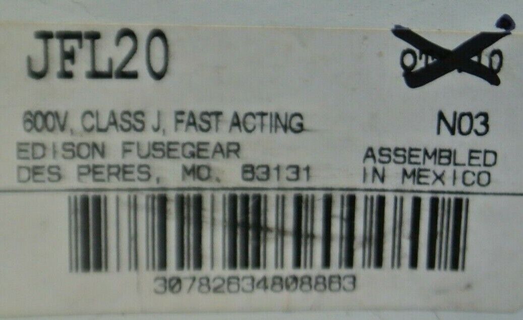 LOT of 8 / EDISON JFL20 CLASS J FAST-ACTING FUSE / 20A / 600V / NEW SURPLUS