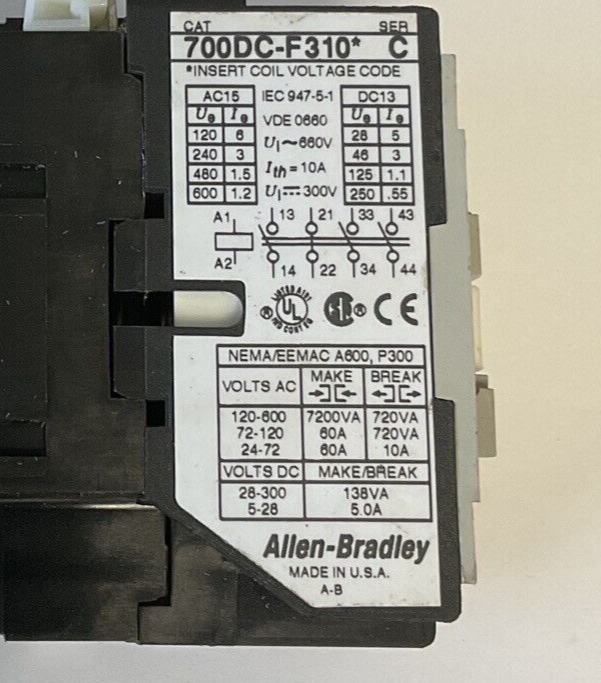 ALLEN BRADLEY 700DC-F310* CONTROL RELAY SER.C 31E 10A 660V