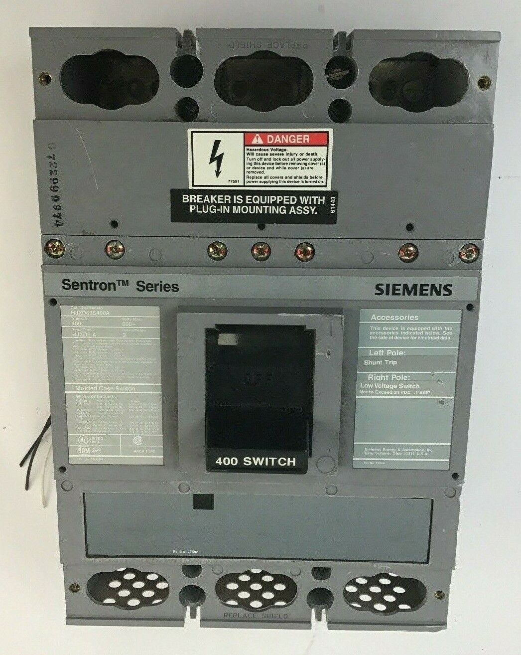 SIEMENS HJXD63S400A 400A MOLDED CASE SWITCH W/SHUNT S11JLD6 & A01JLDLY SENTRON