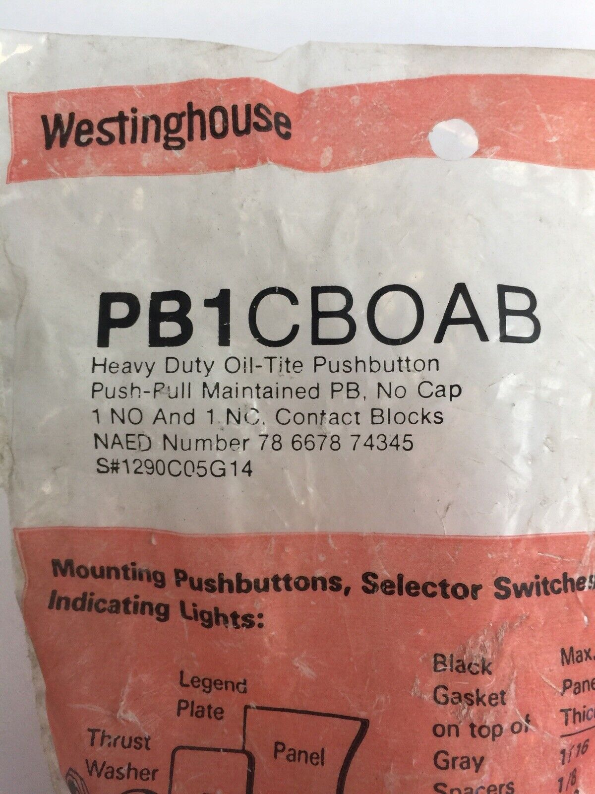 WESTINGHOUSE PB1CBOAB HEAVY DUTY OIL TIGHT PUSH BUTTON NO CAP PB1CB0AB