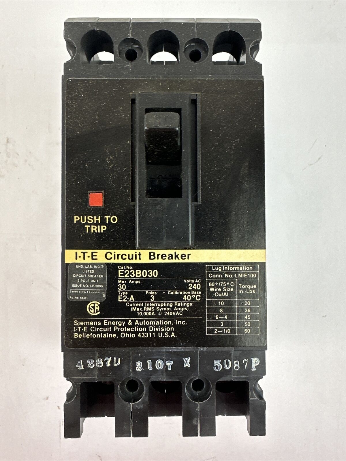SIEMENS ITE E23B030 MOLDED CASE CIRCUIT BREAKER 30A 3P 240VAC