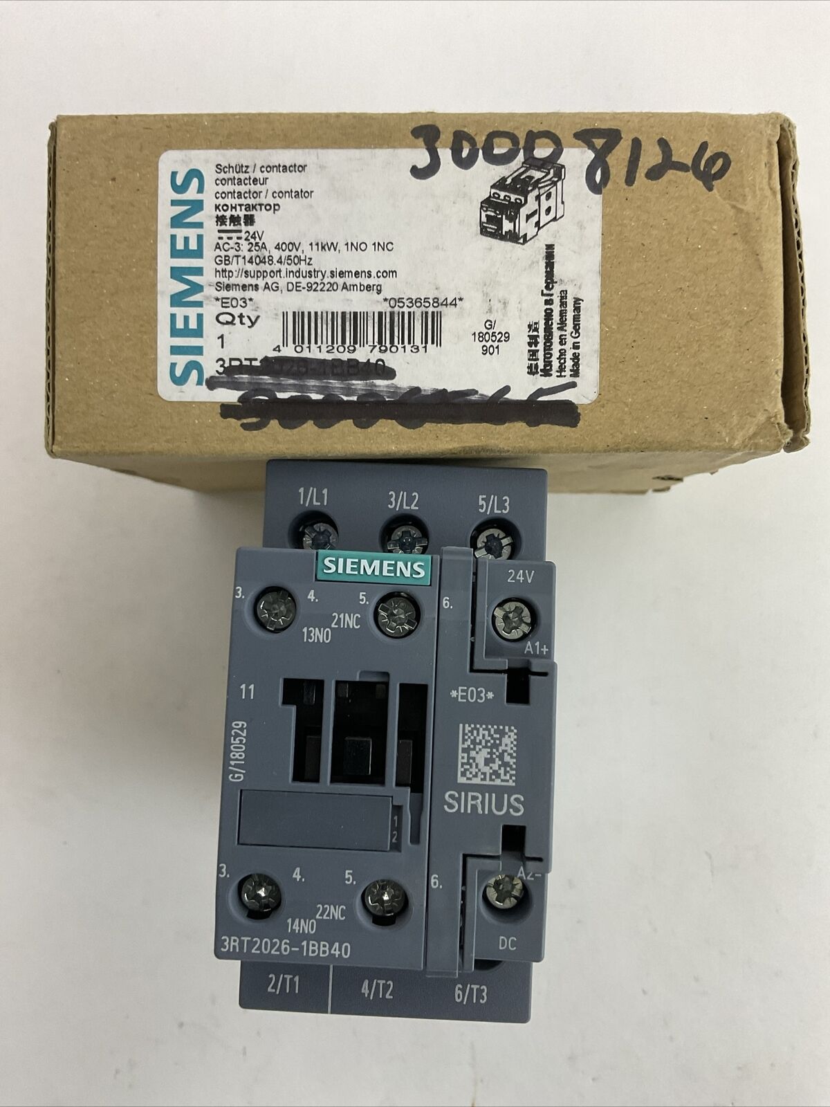 SIEMENS 3RT2026-1BB40 CONTACTOR AC-3 25A 400V 11kW 1NO 1NC COIL 24VDC
