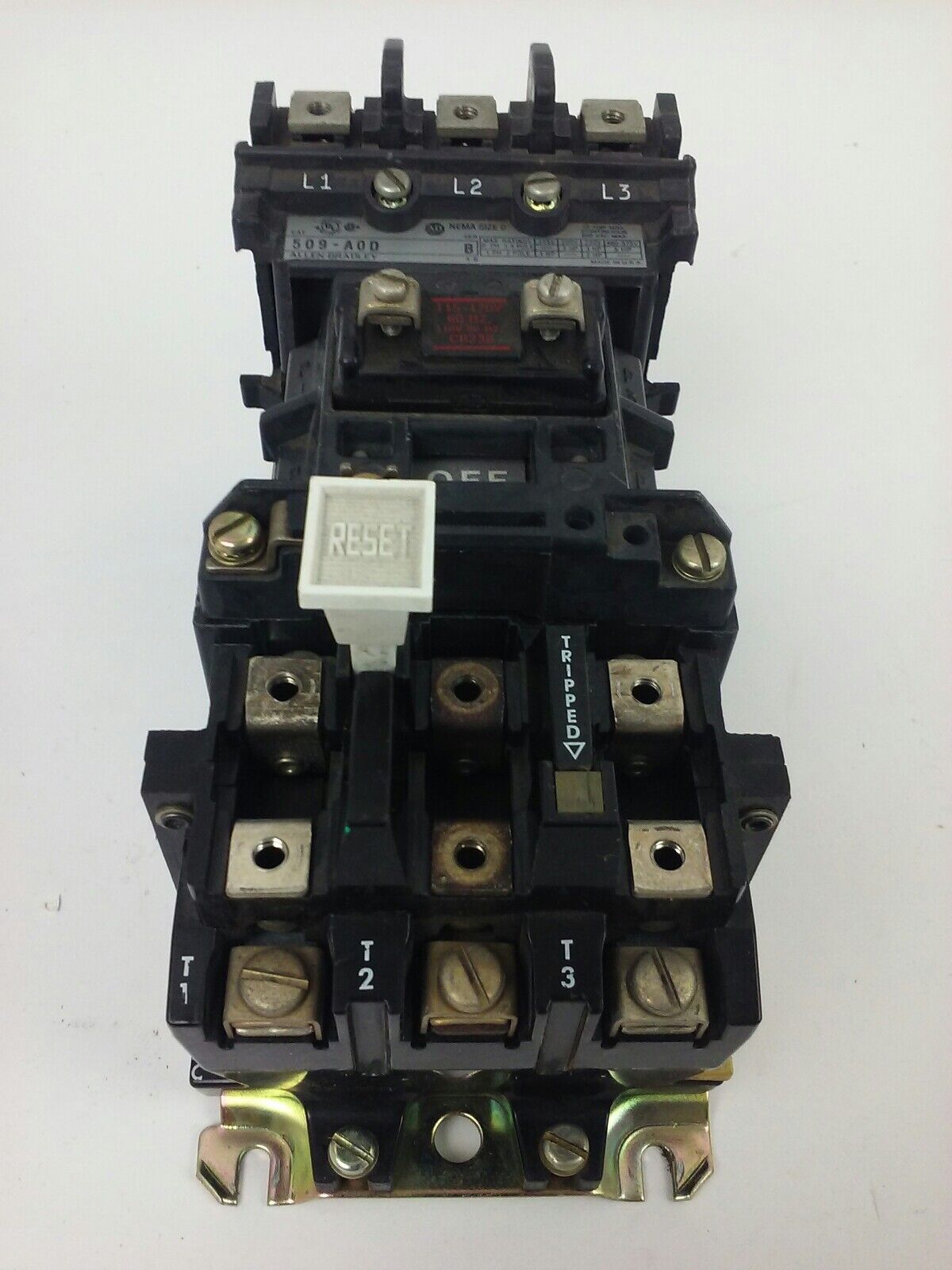ALLEN BRADLEY 509-AOD, SER. B, STARTER, SIZE 0, 600V, 18A, 5 H.P.,120V COIL,USED