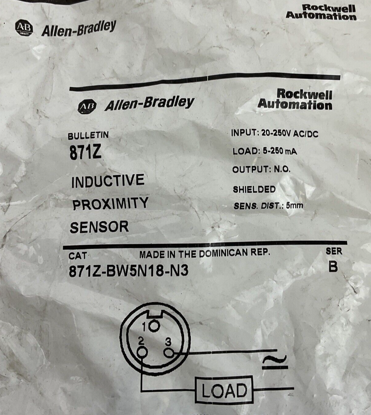 ALLEN BRADLEY 871Z-BW5N18-N3 INDUCTIVE PROXIMITY SENSOR SER.B 20-250VAC/DC 5MM