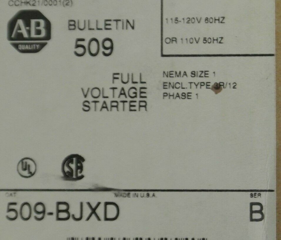 ALLEN-BRADLEY 509-BJXD FULL VOLTAGE STARTER / 110-120V / 509-B0XD / NEW SURPLUS