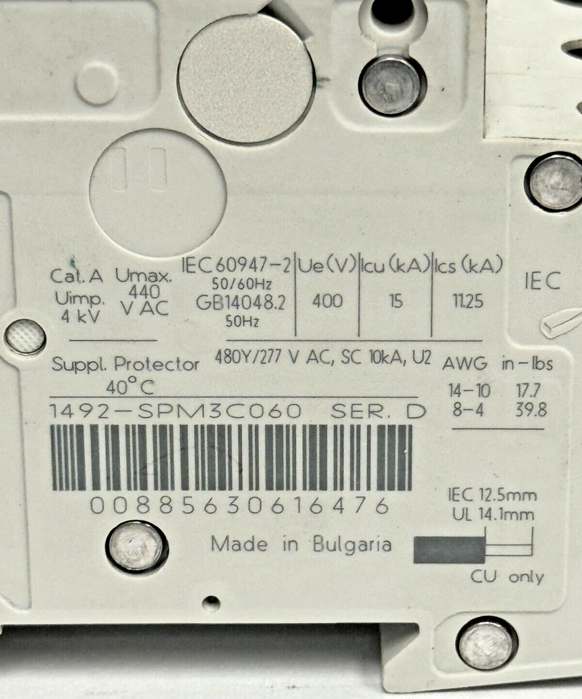 ALLEN-BRADLEY - 1492-SPM3C060 SER. D - CIRCUIT BREAKER - 3 P, 6 A, 277 V