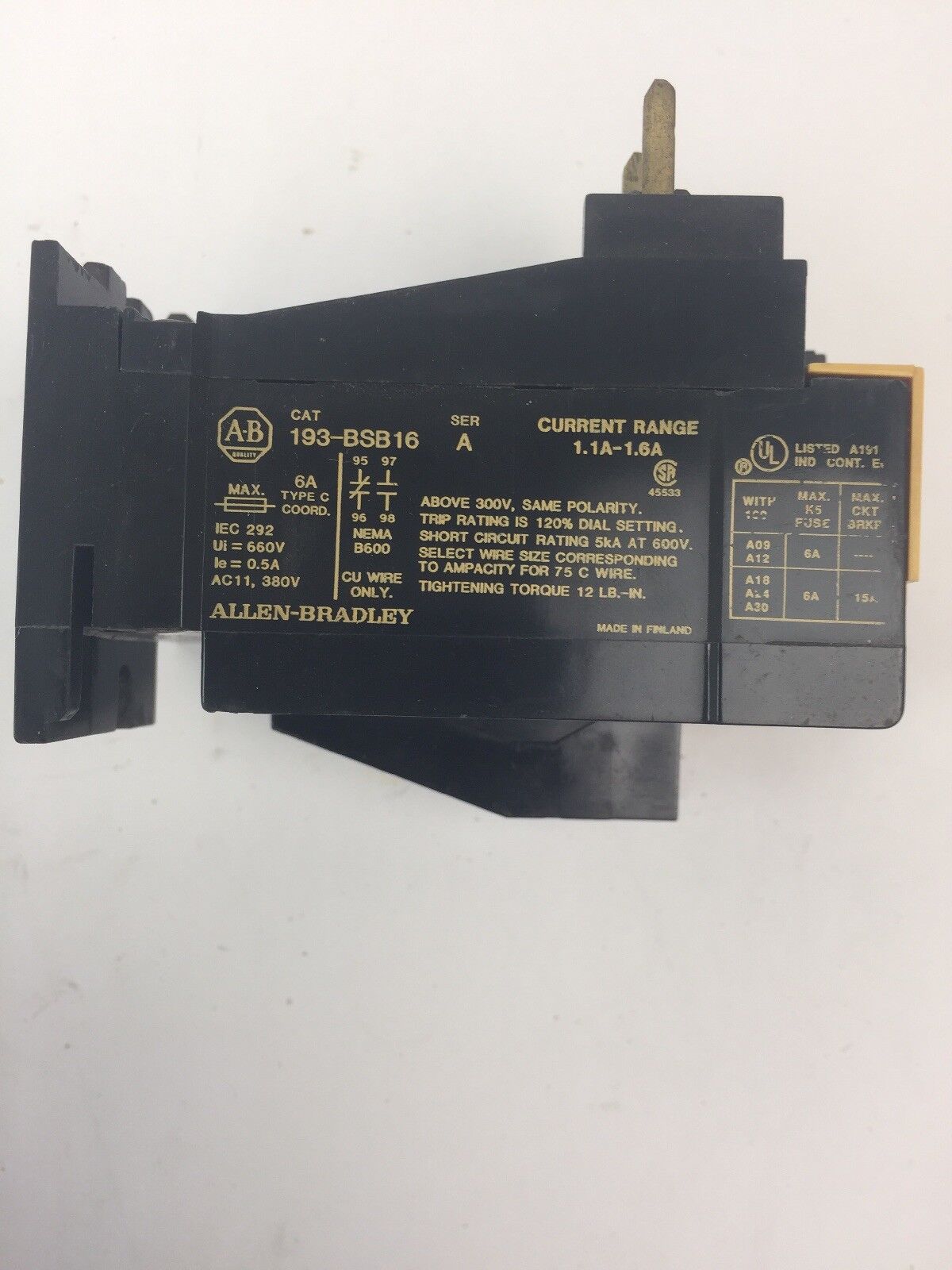 ALLEN BRADLEY 193-BSB16 OVERLOAD RELAY SER A 1.1-1.6A