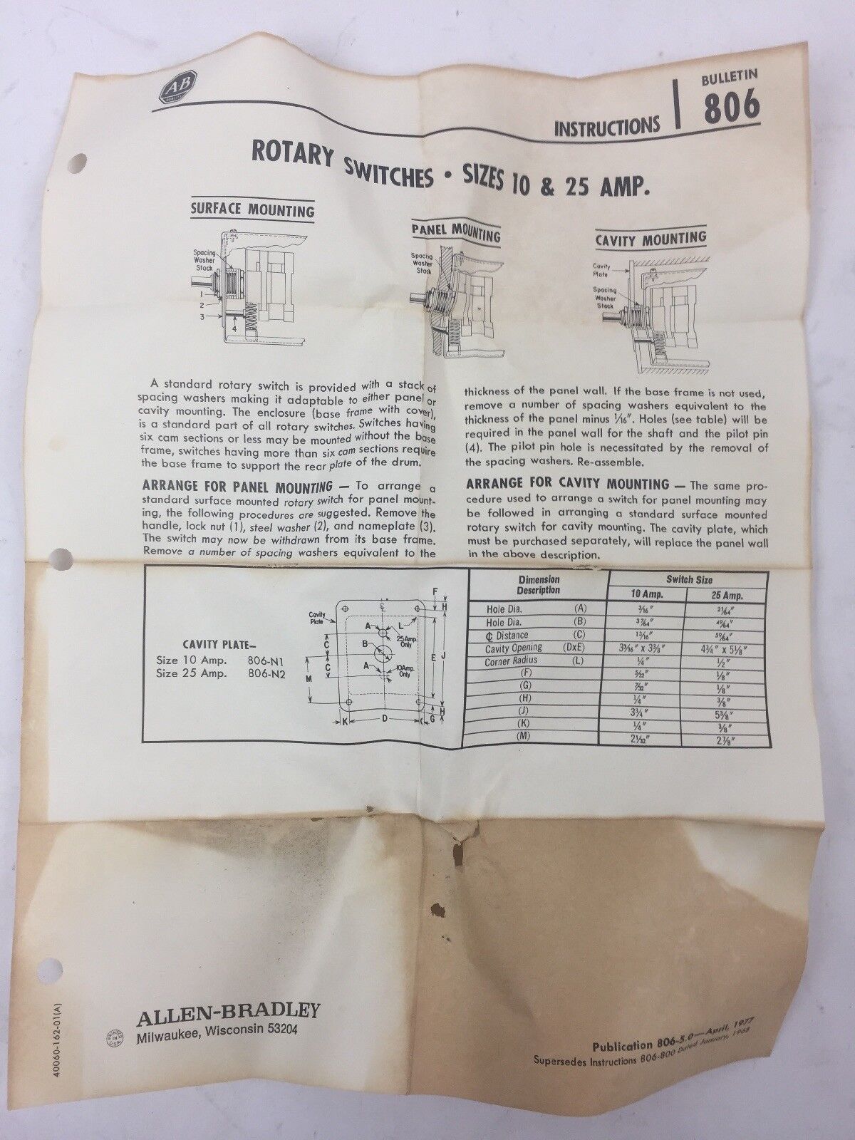 ALLEN BRADLEY F672729-1 ROTARY PILOT SWITCH SIZES 10 & 25 AMP