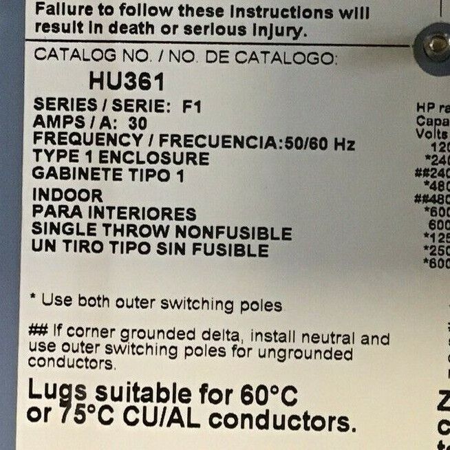 SQUARE D HU361 SAFETY SWITCH SER.F1 30A NON FUSIBLE TYPE1 600VAC/VDC 30HP