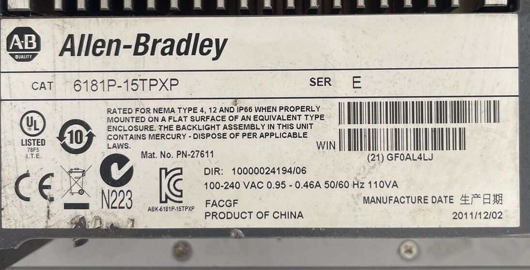 ALLEN BRADLEY 6181P-15TPXP DISPLAY COMPUTER SER E 100-240VAC 0.95-0.46A 110VA