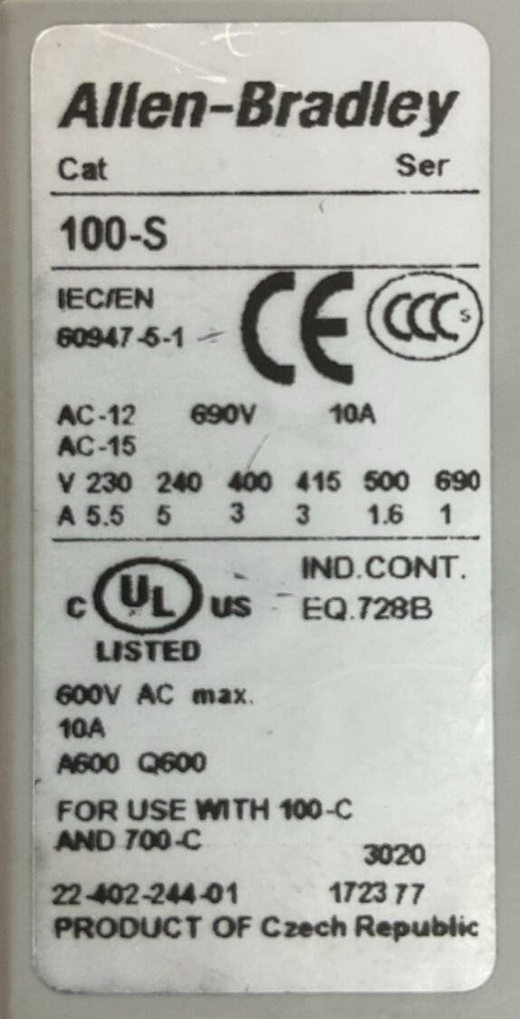 ALLEN BRADLEY STARTER (300-BOE*930 SER B 600VAC 27A 10HP+193-EEDD SER C+100-S)