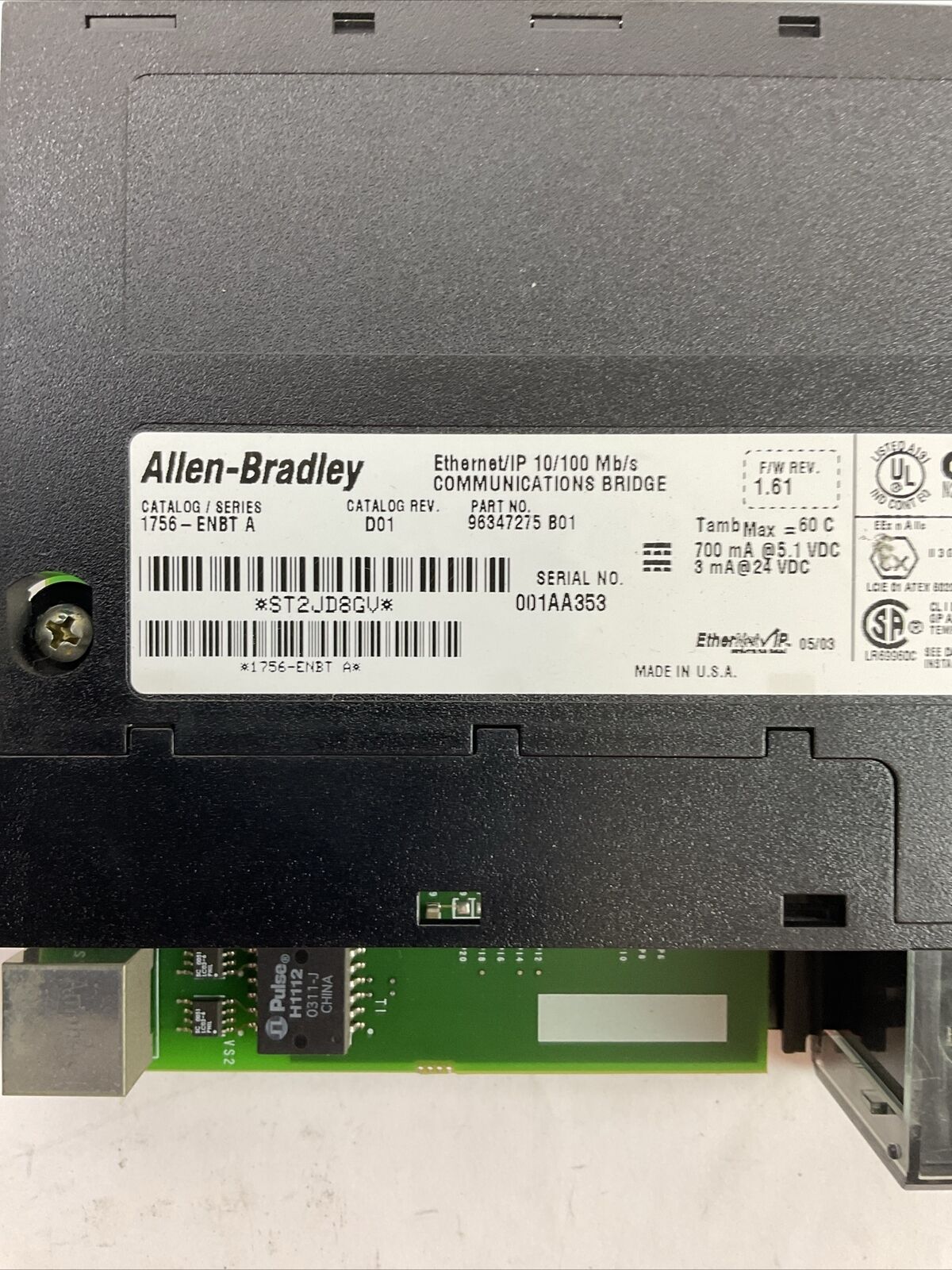 ALLEN BRADLEY 1756-ENBT SER A CAT REV D01 F/W REV 1.61 ETHERNET/IP COMMUNICATION