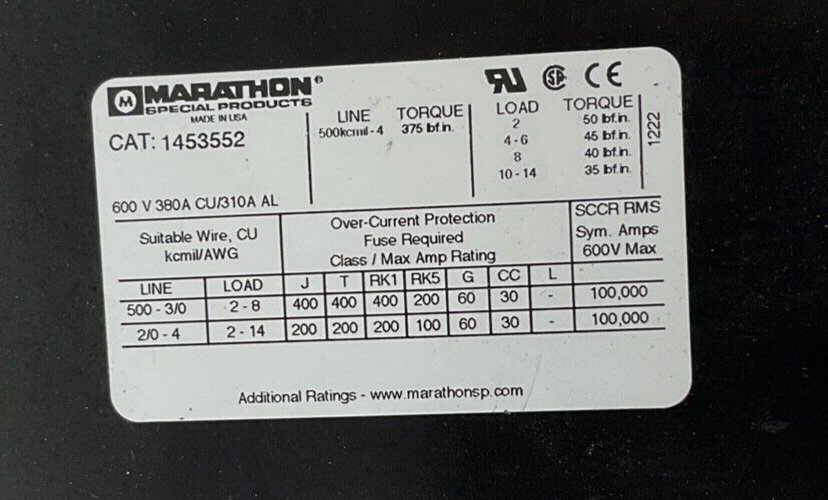 MARATHON 1453552 DISTRIBUTIN BLOCK 600V 380A