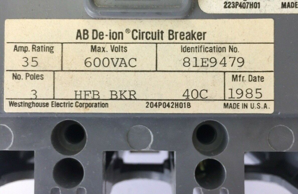WESTINGHOUSE HFB3035 AB DE-ION CIRCUIT BREAKER 35AMP 600VAC 3POLE 4979D06G03