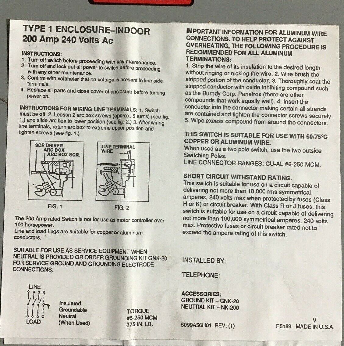 CHALLENGER HD324NFC 200AMP 240VAC DUTY SAFETY SWITCH
