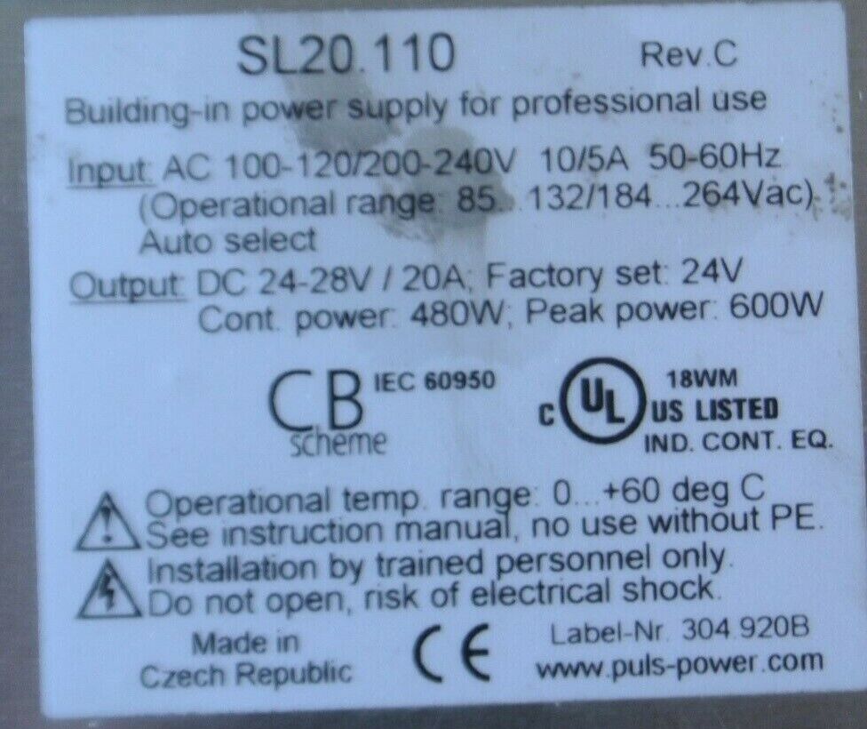 PULS SL20 110, Rev. C / POWER SUPPLY / OUTPUT = 24VDC, 20A