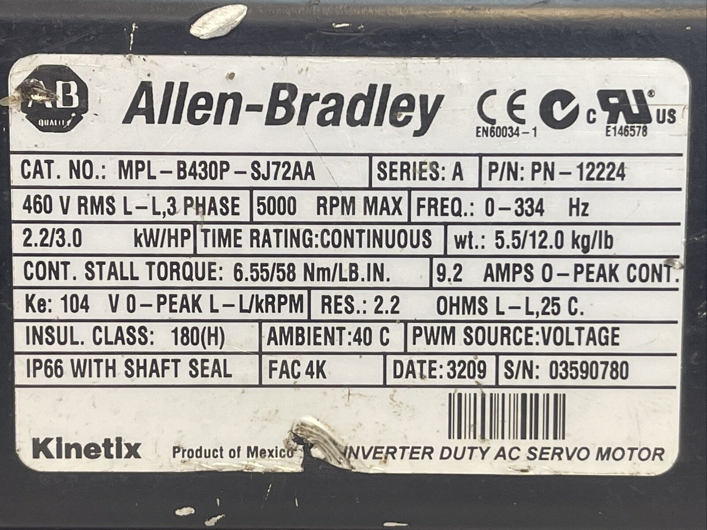ALLEN BRADLEY MPL-B430P-SJ72AA SERVO MOTOR SER A 5000RPM 2.2/3.0 kW/HP 9.2AMP