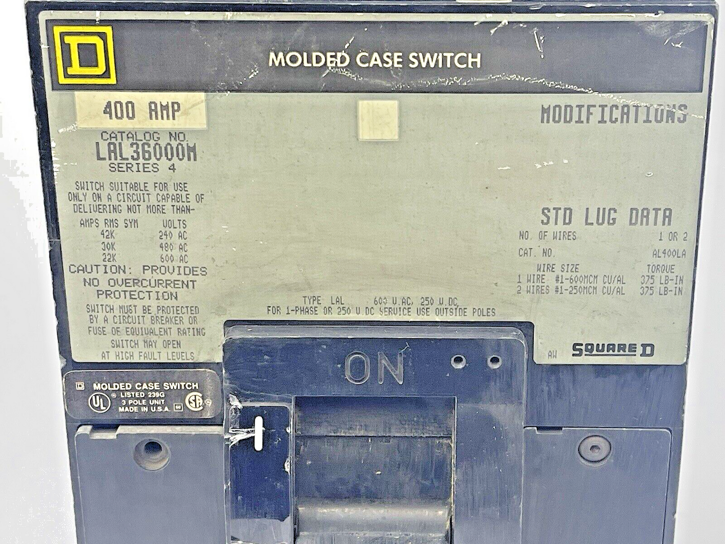 SQUARE D - LAL3600M SER. 4 - MOLDED CASE CIRCUIT BREAKER -400 AMP,3 POLE,600 VAC