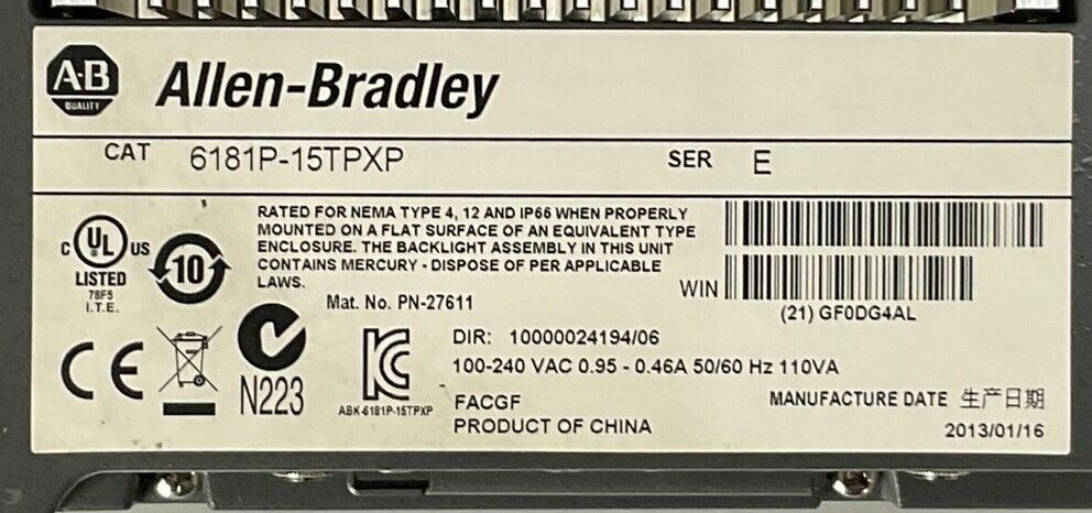 ALLEN BRADLEY 6181P-15TPXP SER E DIR 10000024194/06 1500P OPERATOR PANEL TOUCH