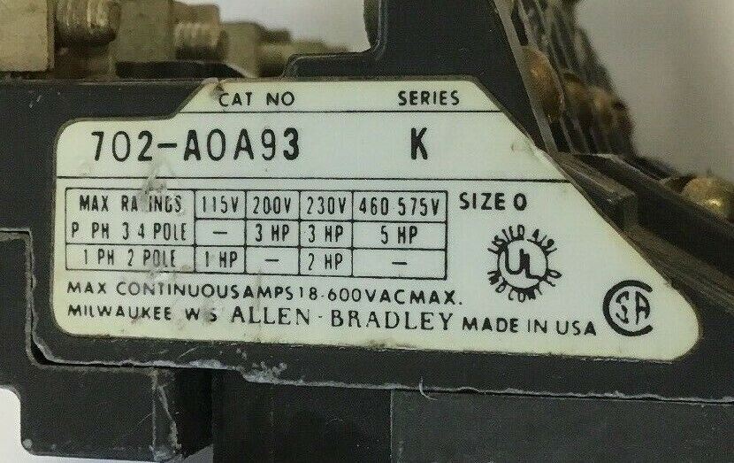 ALLEN BRADLEY 702-A0D93 OVERLOAD RELAY SER.K 575V 5HP W/70A86 120V/60HZ COIL