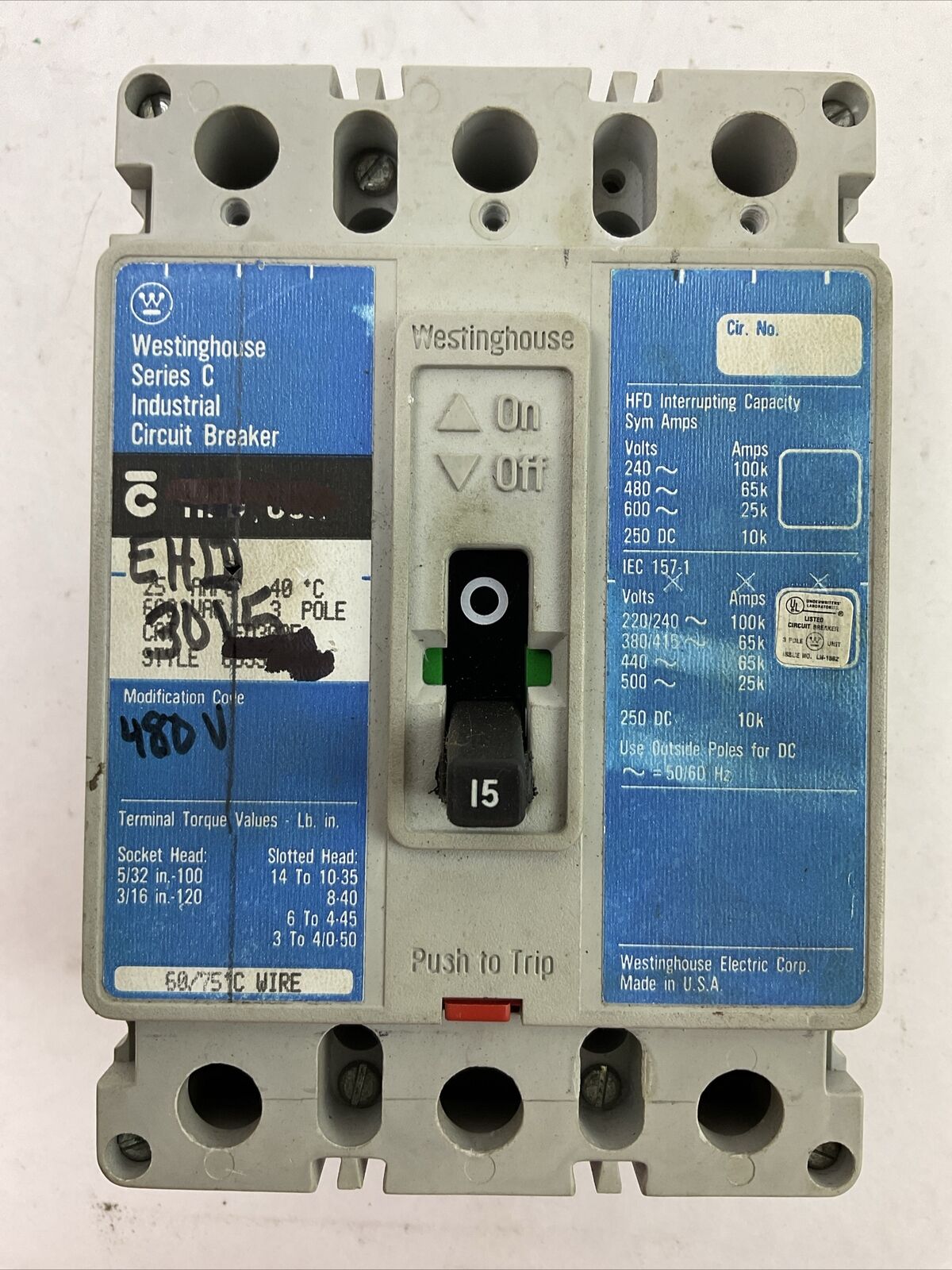 WESTINGHOUSE EHD3015 INDUSTRIAL CIRCUIT BREAKER 480VAC 250VAC 15AMP 3POLE SER C