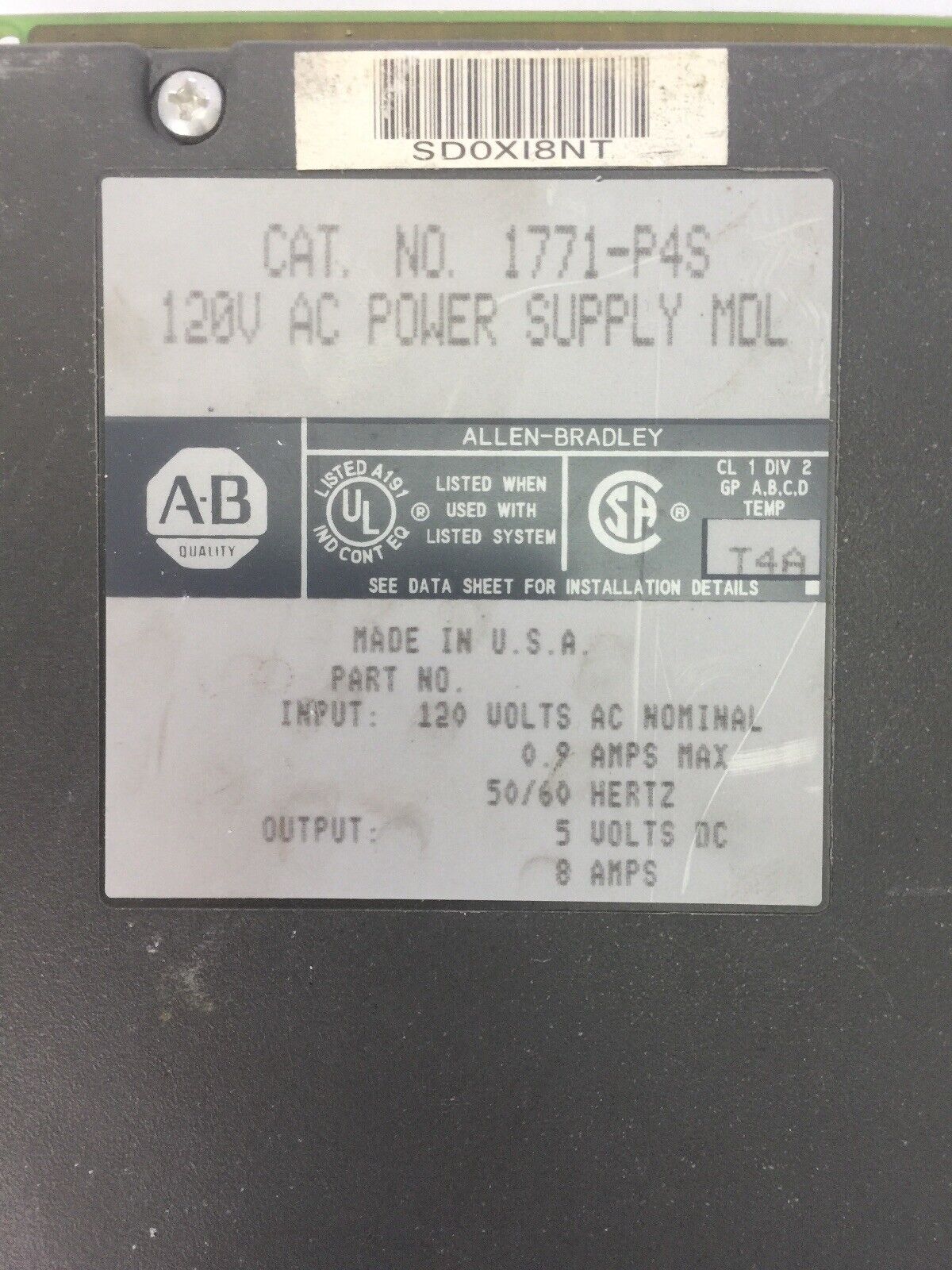 ALLEN BRADLEY 1771-P4S 120V AC POWER SUPPLY MDL OUTPUT 5VDC 8AMPS