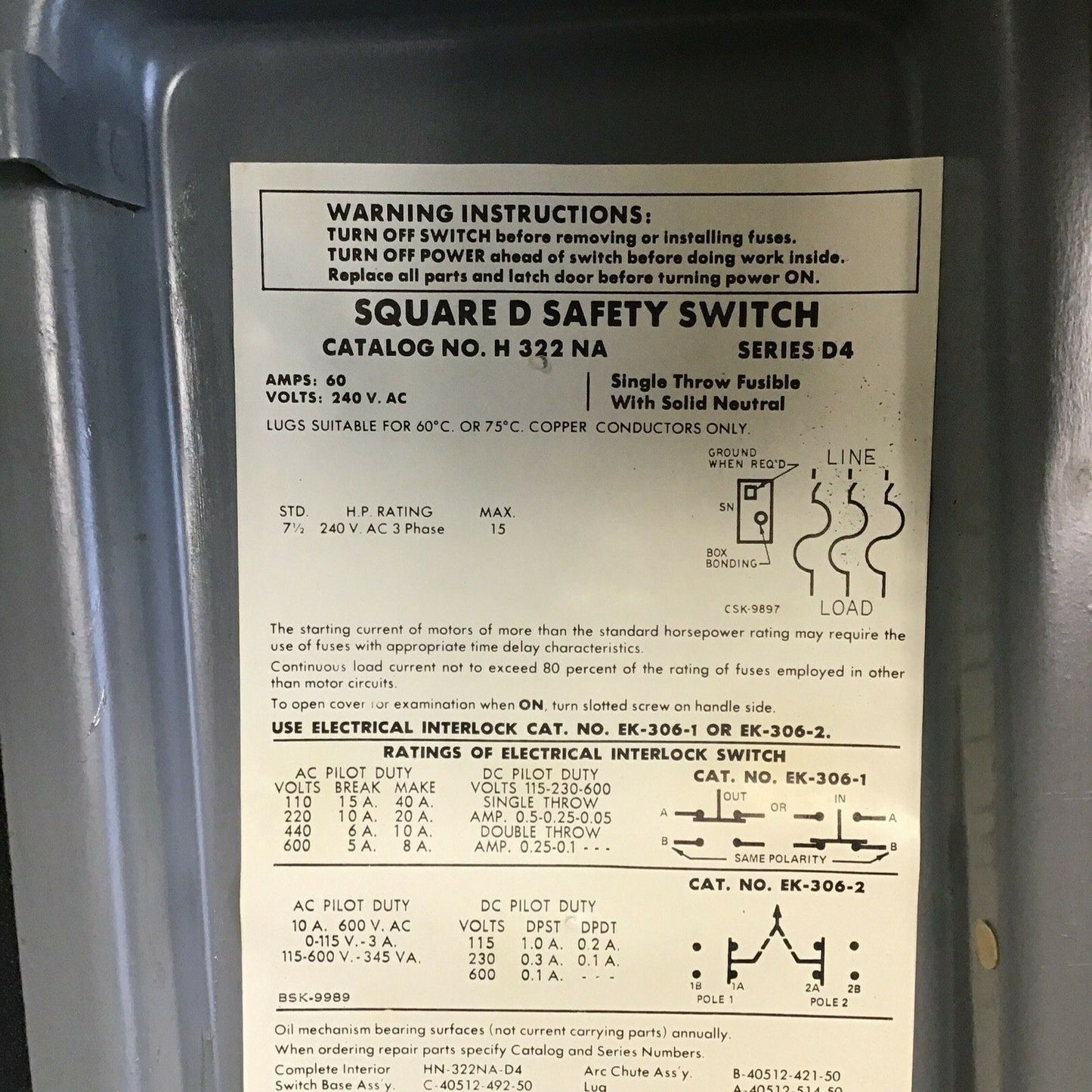 SQUARE D H322NA SAFETY SWITCH SER.D4 60A FUSIBLE 600VAC/VDC 240VAC 15HP