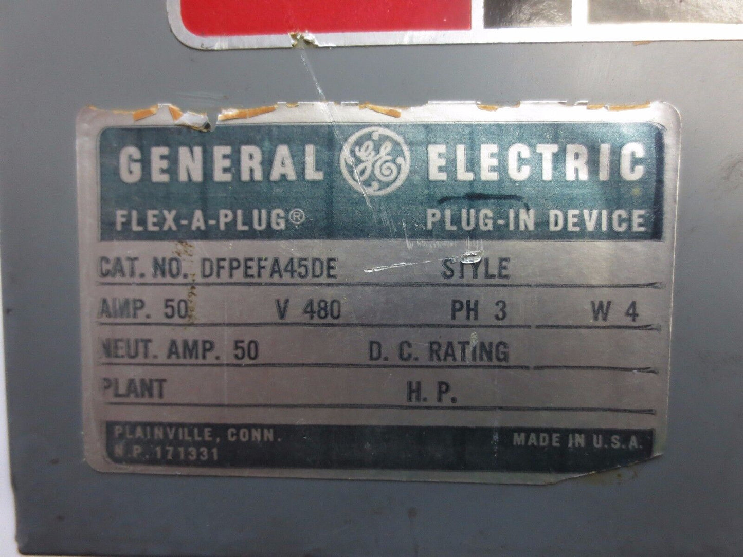 GENERAL ELECTRIC DFPEFA45DE FLEX-A-PLUG PLUG-IN DEVICE /BUS PLUG 480V 50A 3-POLE