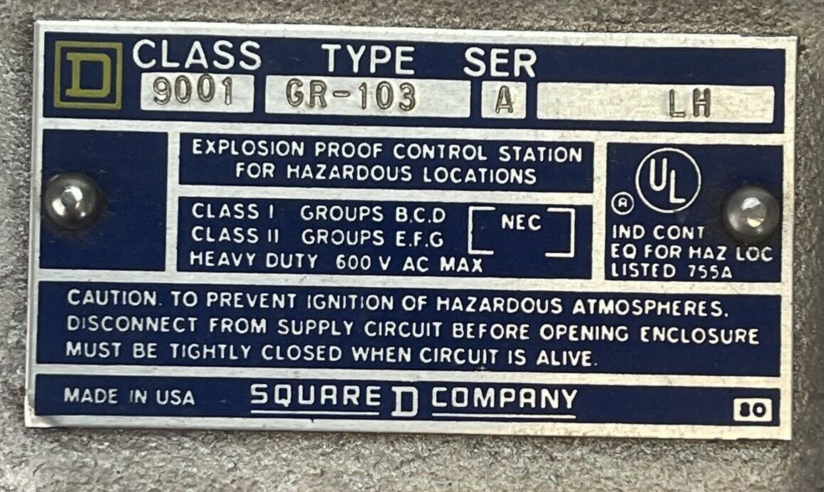 SQUARE D CLASS 9001 TYPE GR-103 SER A PUSHBUTTON STOP STATION 600VAC