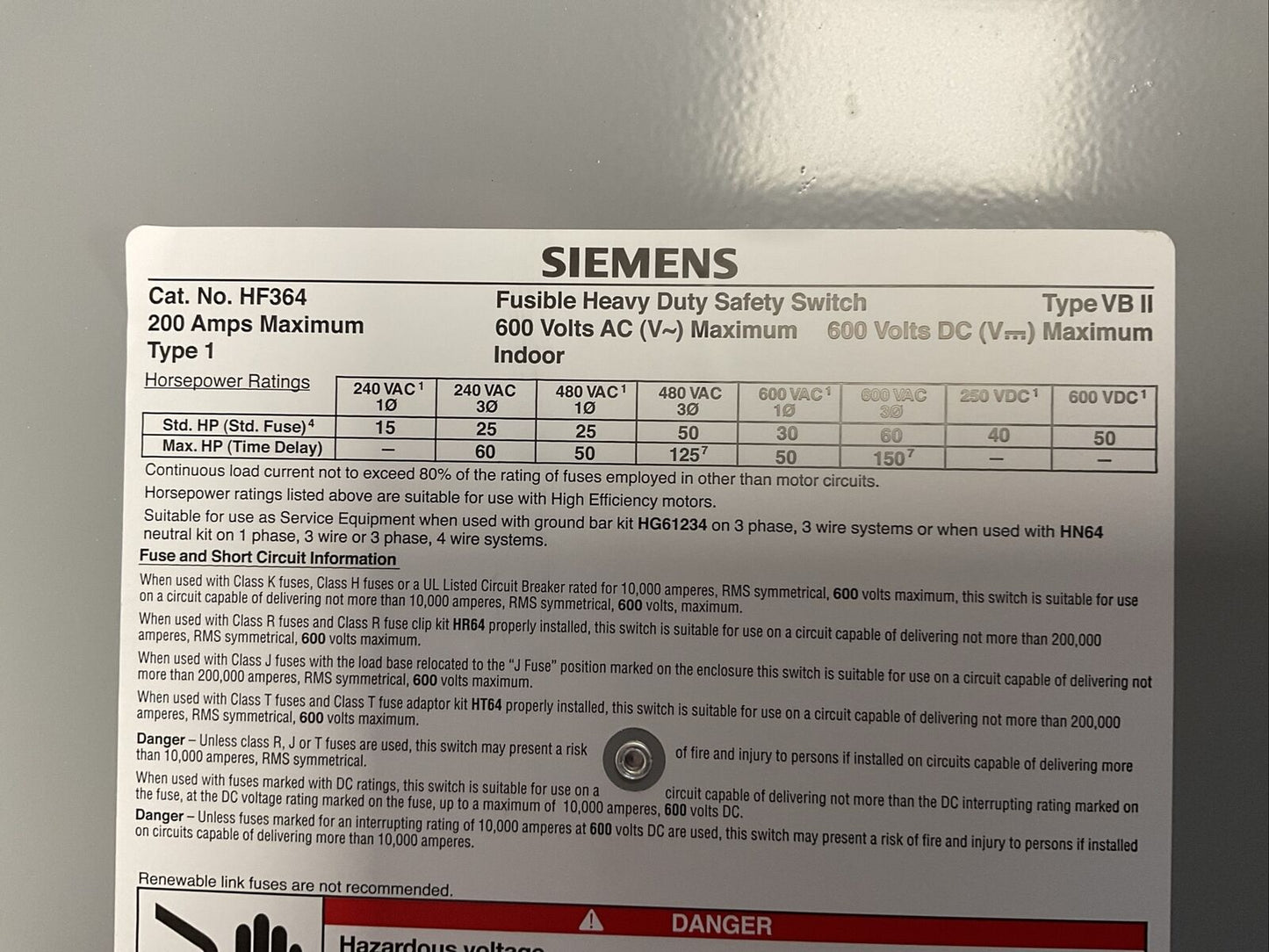 SIEMENS HF364 HEAVY DUTY FUSIBLE SAFETY SWITCH 200A 600VAC 150HP 600VDC 50HP