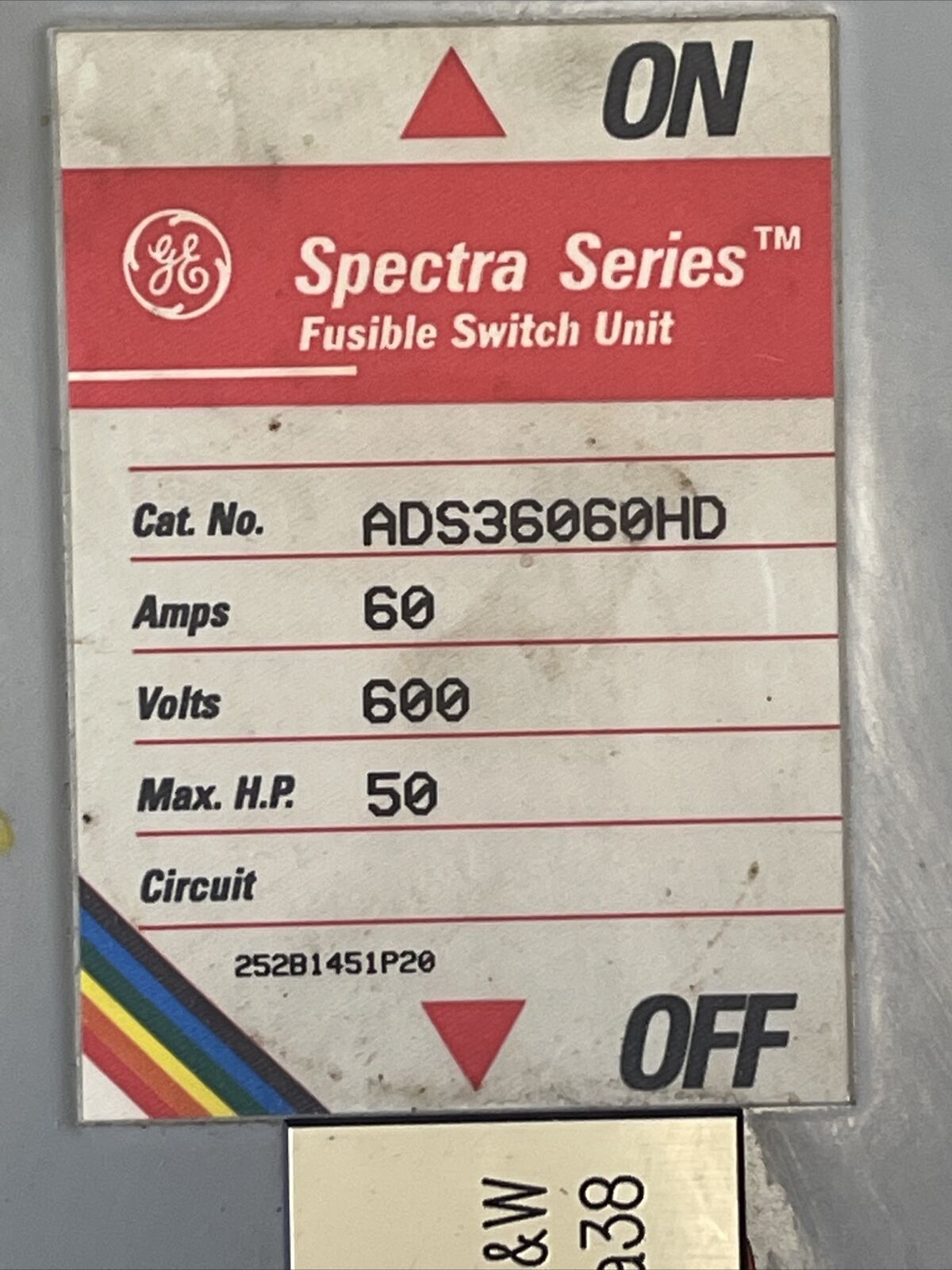 GE ADS36060HD FUSIBLE PANELBOARD SWITCH UNIT 60A 600V 50HP 3P SPECTRA SERIES
