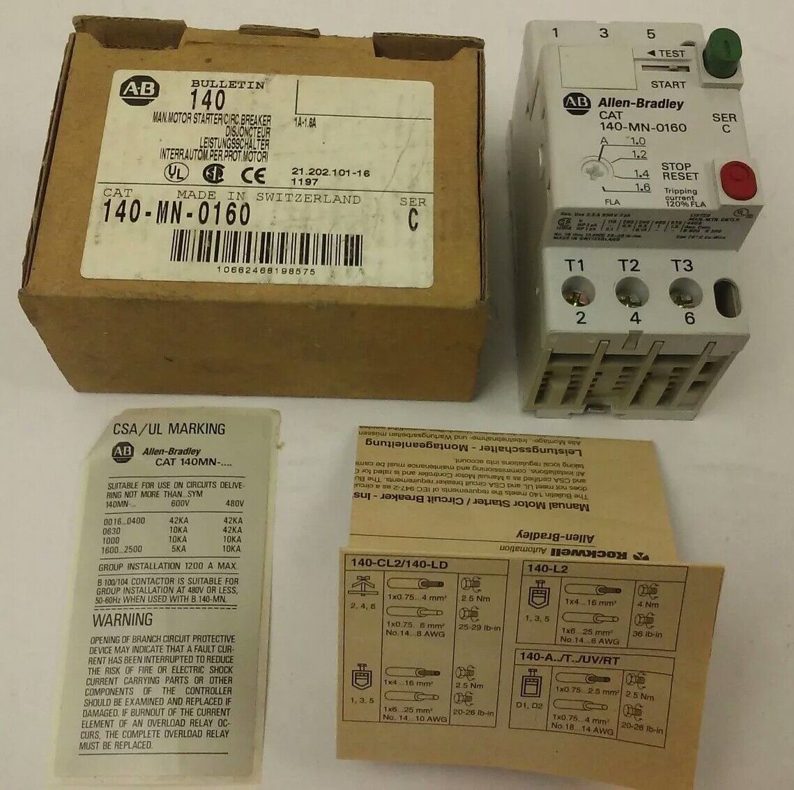 ALLEN BRADLEY 140-MN-0160, MANUEL MOTOR STARTER/ CIRCUIT BREAKER, 3PH, 600V,2.5A